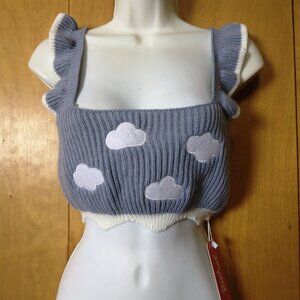 ROMWE Women's Small Knit Sleeveless Ruffle Crop Top Ruffle Clouds Gray New